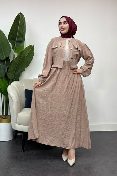 Tesettür Diyarı Women's Button Detailed Two-Piece Suit - Light Brown