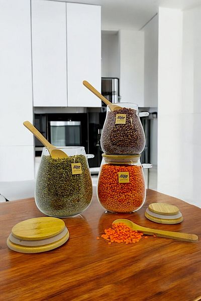 Kitchen Way Bamboo Spoon - Set of 3 Glass Jars with Seal Lid Kw-389 Series
