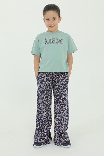 Black One Crew Neck Print Detailed Floral Girl's Top and Bottom Set