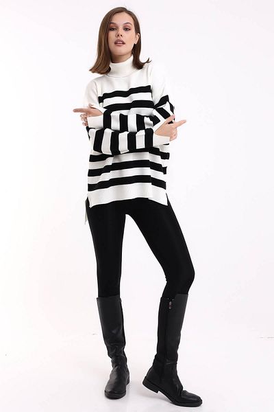Irmak Kerekli Women's Ecru - Black Striped Turtleneck Sweater Tunic 1416