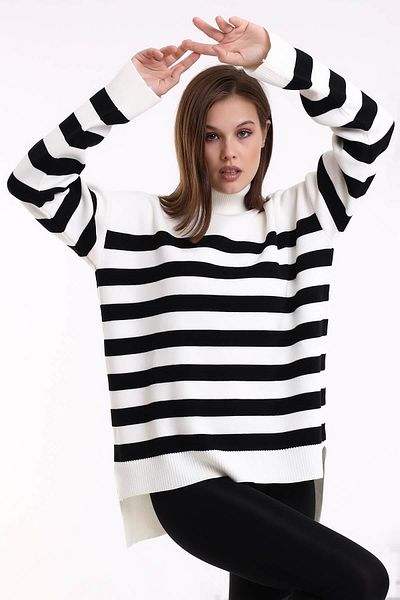 Irmak Kerekli Women's Ecru - Black Striped Turtleneck Sweater Tunic 1416