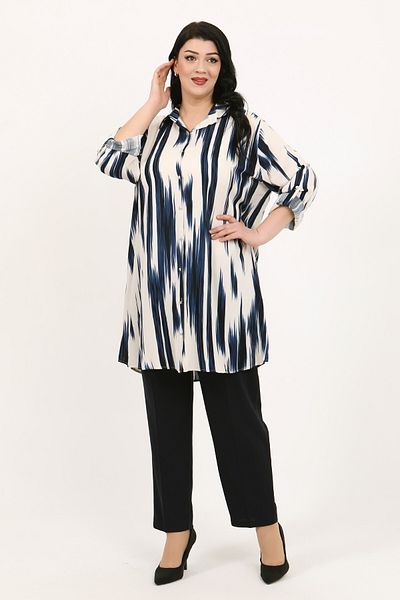 By Alba Collection Women's Indigo Patterned Cotton Viscose Large Size Tunic