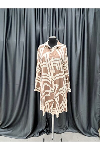 MODA Vizon Krem Desenli Viskon Battal Boy Tunik