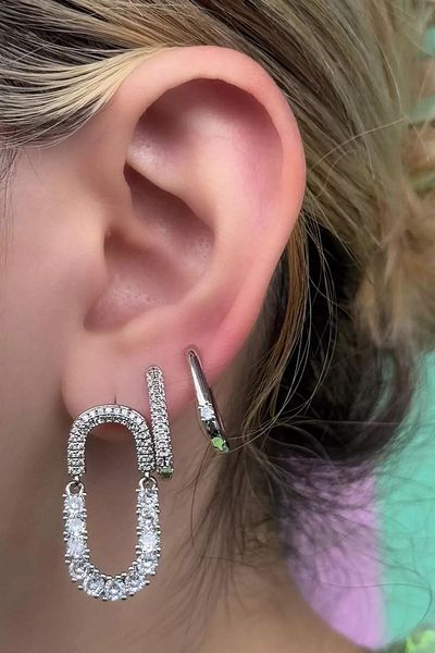 CAŞ DEKORASYON Silver Color Stone 3-Piece Earring Set