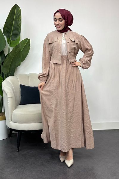 Tesettür Diyarı Women's Button Detailed Two-Piece Suit - Light Brown