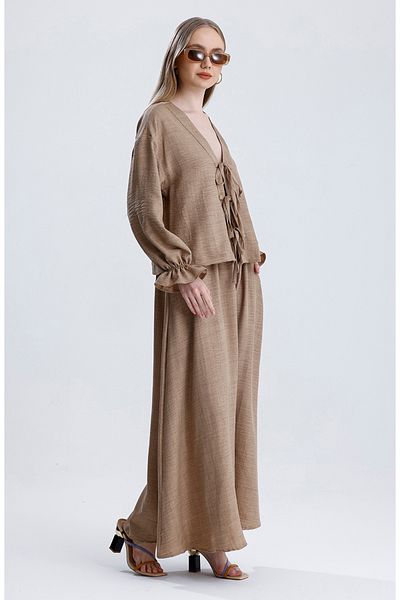 MD trend Women's Elastic Waist Pocket Bell Skirt and Tie-Up Blouse Double Linen Set