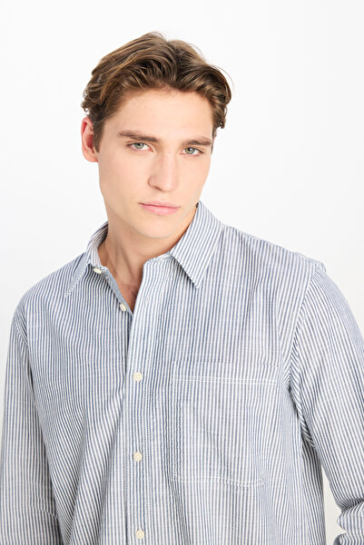 Lee %100 Pamuk Relaxed Fit Geniş Kesim Çizgili Ekru Gömlek