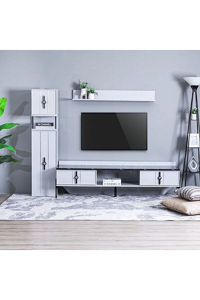 Danube Home وحدة تلفزيون بتصميم هندسي لأجهزة التلفزيون حتى 75 بوصة مع مساحة تخزين - رمادي، الطول 185 سم × العرض 47 سم × الارتفاع 53 سم