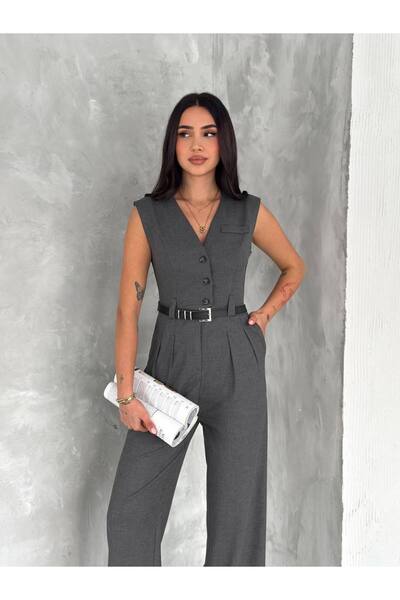 HARMONY GLOBAL Women's V-Neck Waist Belted Pencil Loose Wide Leg Anthracite 90021