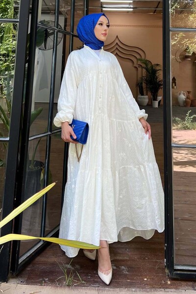 benguen White 100% Liyoner Dress Floral Emboss Pattern for Gnomes