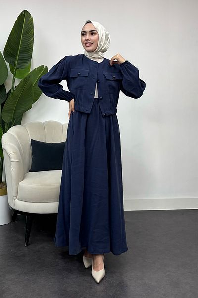 Tesettür Diyarı Women's Button Detailed Two-Piece Suit - Navy Blue