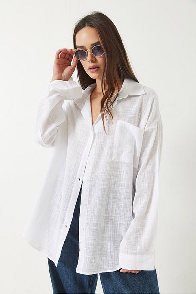 Bianco Lucci Women's Single Pocket Cotton Viscose Oversize Basic Shirt 4756 60261396