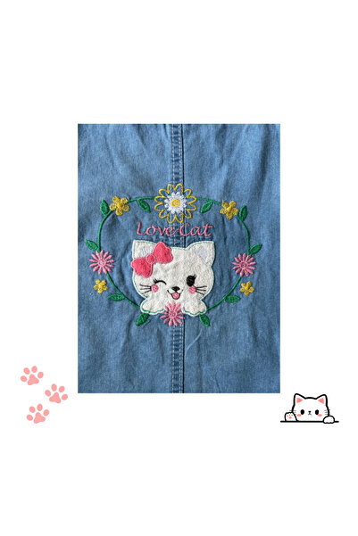 atishpoli Kız Çocuk Düğme Kapamalı Kedi İşlemeli Kot Jile Elbise 1-2-3-4 Yaş