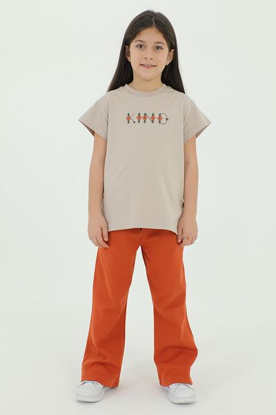 Black One Crew Neck Print Detailed Girl's Bottom and Top Set