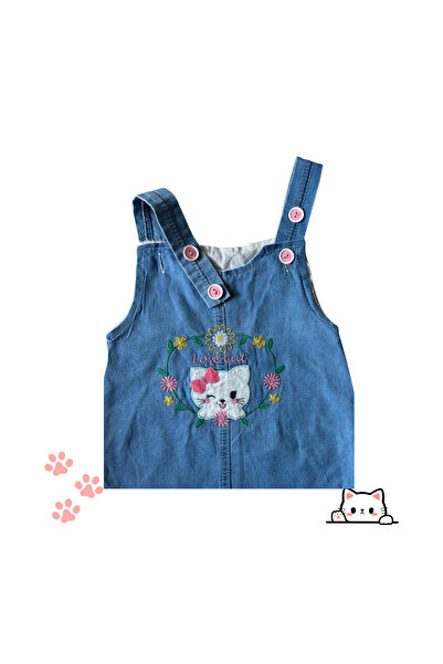 atishpoli Kız Çocuk Düğme Kapamalı Kedi İşlemeli Kot Jile Elbise 1-2-3-4 Yaş