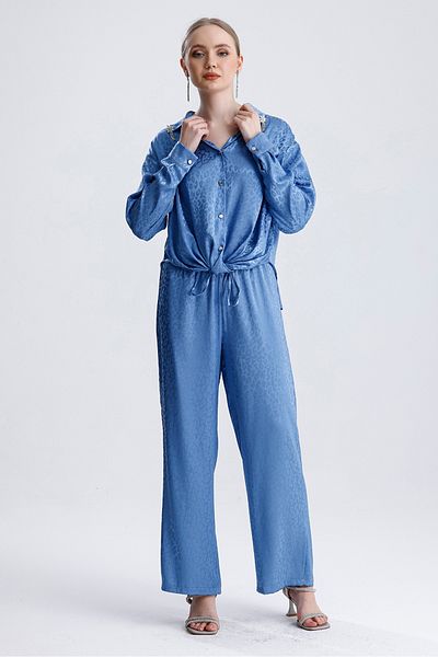MD trend Women's Patterned Collar Stone Detailed Tie Satin Shirt and Trousers Double Set
