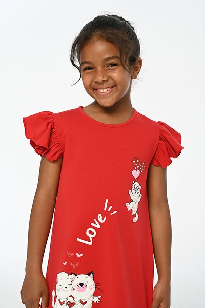LupiaKids Cat Printed Girls' Dress - Red Short Sleeve Summer Comfortable Dress