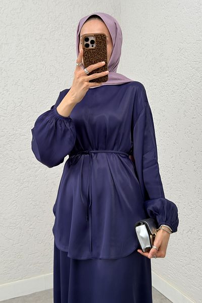 Salih Çelebi Satin Skirt Suit 2283 - Dark Blue