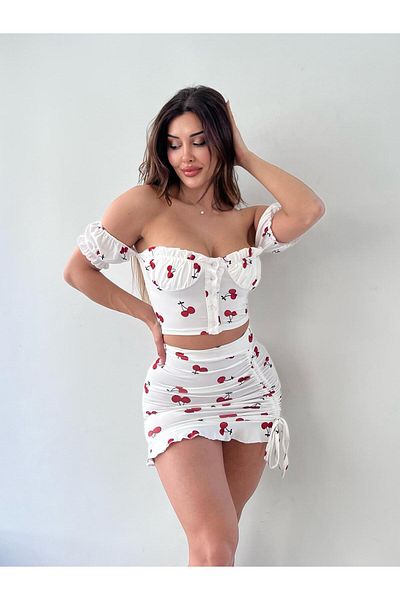 pink life White Cherry Patterned Skirt Gathered Double Set