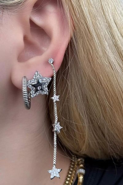 CAŞ DEKORASYON Silver Color Star Figured Stone 3-Piece Earring Set