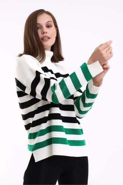 Irmak Kerekli Γυναικείο πλεκτό τουνίκ εκρού-μαύρο-πράσινο ριγέ ζιβάγκο 1416