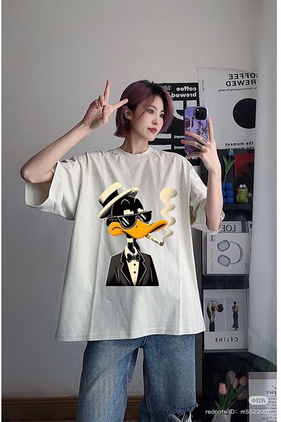Minga London Duck Special Design Νέας σεζόν Μπλουζάκι με στάμπα μπροστά/πίσω Oversize Beige -Mingalondon