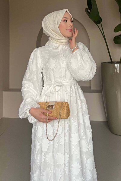 benguen Çiçek Desenli Kesme Şifon Elbise Beyaz 1006-1