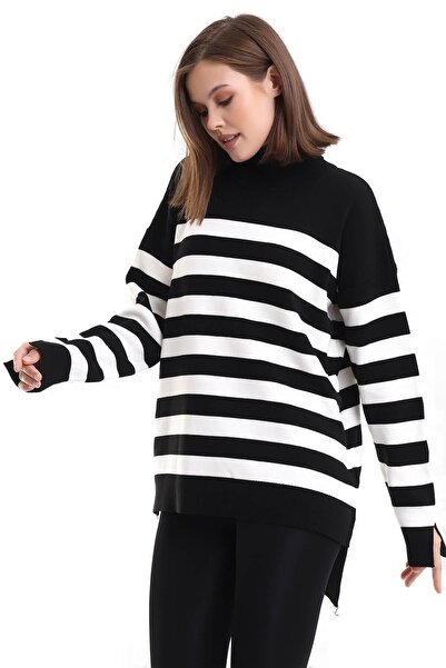 Irmak Kerekli Γυναικείο πλεκτό ριγέ ζιβάγκο σε μαύρο εκρού χιτώνα 1416