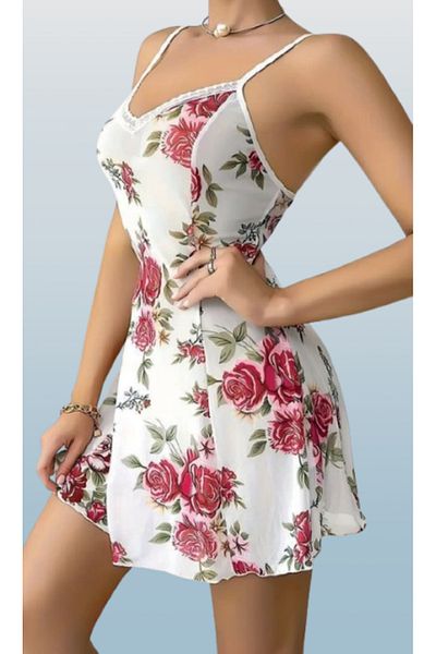 Cooqpoo Λευκό S/M-L/XL Μέγεθος Κόκκινο φλοράλ μίνι φόρεμα Γυναικεία φανταχτερή στολή