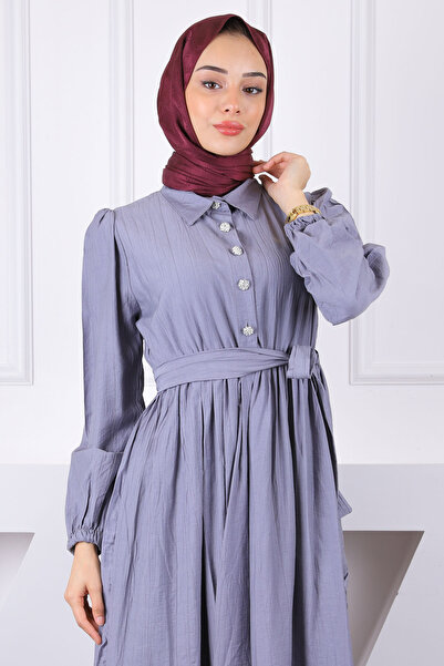 İmajButik Smoked Waist Elastic Belted Modal Dress