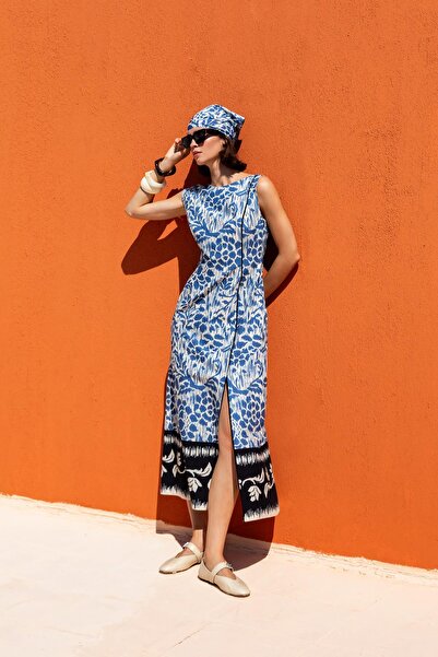 KAMEYA ÇİÇEK DESENLİ YIRTMAÇLI ELBİSE 25S40715