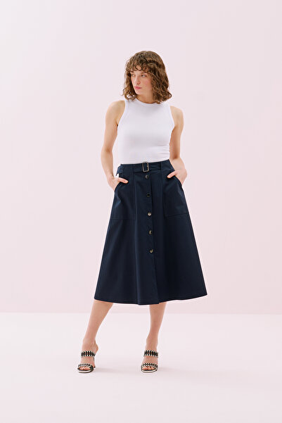 Roman Beli Kemerli Önü Çıtçıt Detaylı Midi Boy Etek Lacivert Y2515042_015