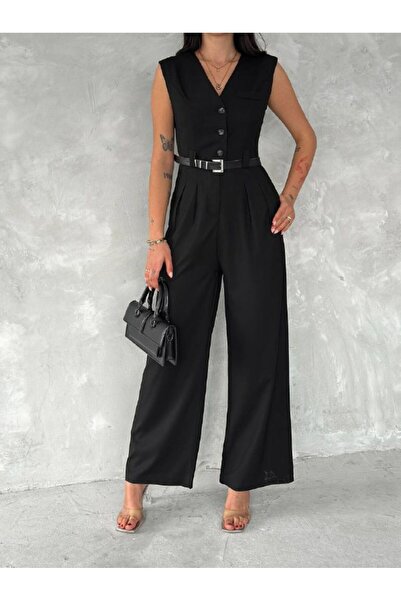 HARMONY GLOBAL Women's V-Neck Belted Waistband Loose Wide Leg Black Linen Jumpsuit 90021