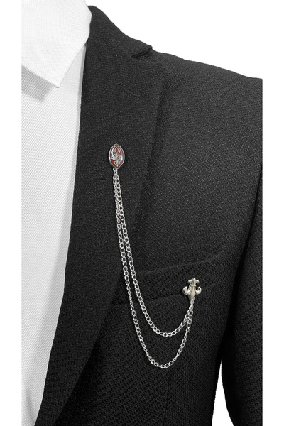 BLC Basic Line Co. Kırmızı Dolgulu Gümüş Gri Renk Otantik İşlemeli Ceket Yaka...