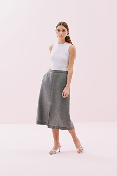 Roman Çift Cepli Ön-Arka Yırtmaçlı Keten Midi Boy Etek Antrasit Y2515034_046