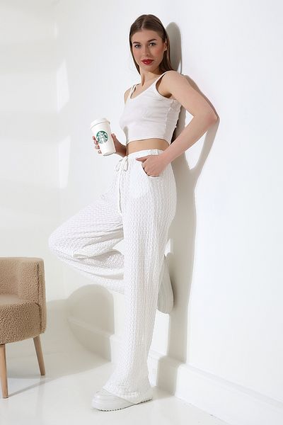 LITTLEMOON Jacquard Fabric Slim Waist Elastic Pocket Loose Loose Leg Pants