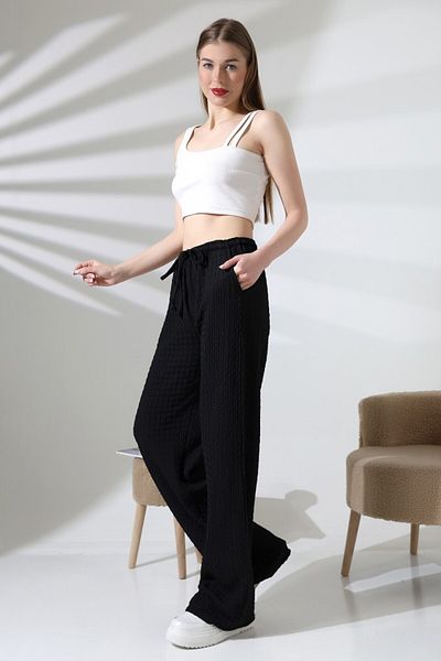 LITTLEMOON Jacquard Fabric Slim Waist Elastic Pocket Loose Loose Leg Pants