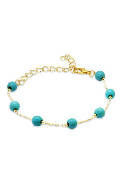 Tesbihane Gold Color Metal Chain Globe Cut Turquoise-Turquoise Natural Stone Women's Bracelet