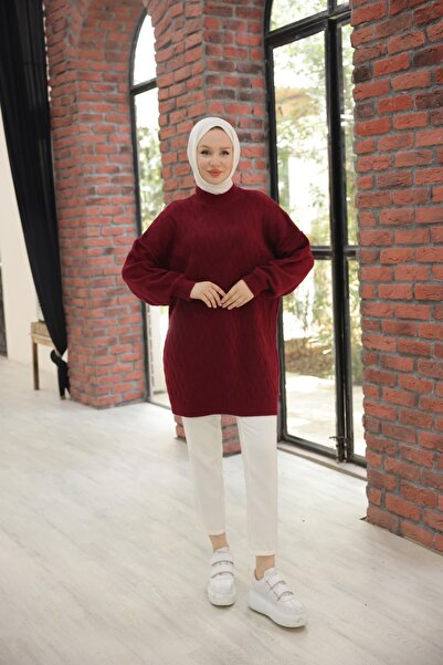 Nissra Ankanoor Burgundy Off-Shoulder Patterned Knitwear Tunic Anka 257013