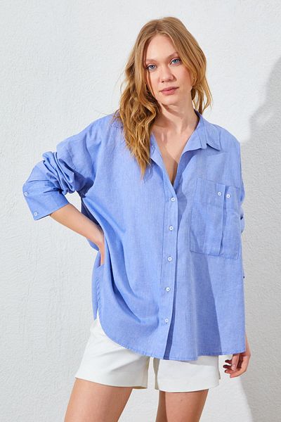 TENA Cămașă Oxford oversize, albastră, groasă, cu buzunare cu manșete, cu detaliu cu nasturi