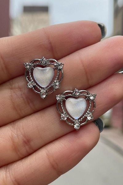 Köstebek White Crystal Lolita Style Heart with Stone Bezel Earrings