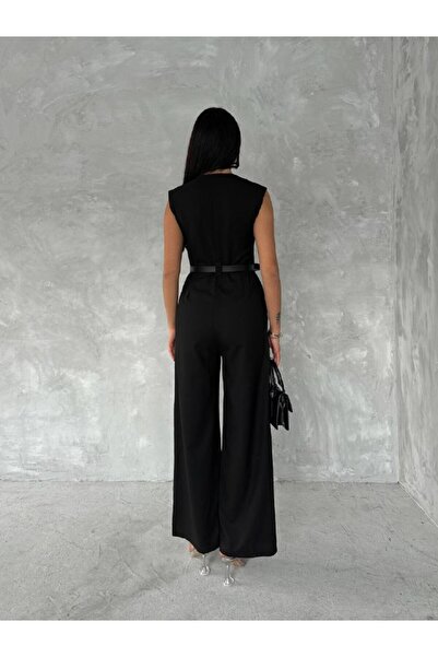 HARMONY GLOBAL Women's V-Neck Belted Waistband Loose Wide Leg Black Linen Jumpsuit 90021