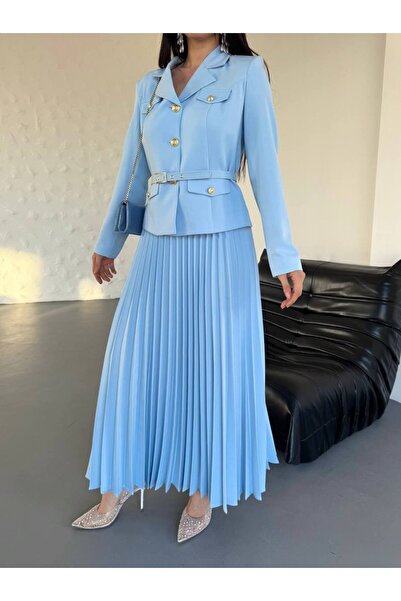 ZF BUTİK Belted Gold Buttoned Premium Jacket Skirt Suit