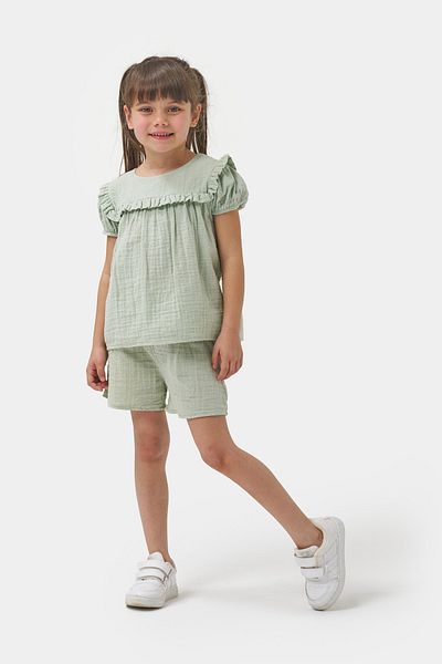 Minipodyum Girl's Watermelon Sleeve Shorts Summer Muslin Double Set