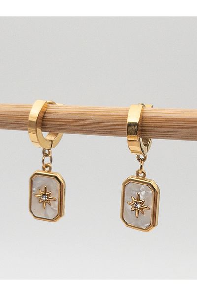 Siya Silver Non-Tarnish Steel Embossed Pearlescent Dangle Pole Star Earrings