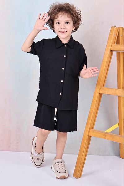 Arya Nisa Kids Cămașă cu nasturi pentru băieți, sezon nou, vară, set de 2 pantaloni scurți