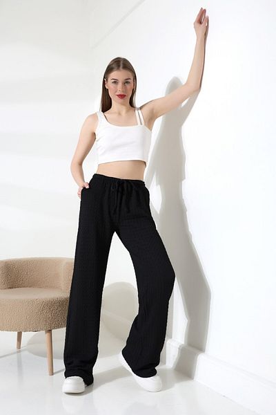 LITTLEMOON Jacquard Fabric Slim Waist Elastic Pocket Loose Loose Leg Pants