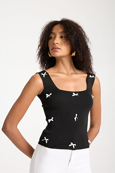 İLKCET MODA Κορδέλα Λεπτομέρεια Τετράγωνο Γιακά Γυναικεία Πλεκτά