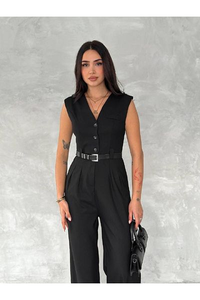 HARMONY GLOBAL Women's V-Neck Belted Waistband Loose Wide Leg Black Linen Jumpsuit 90021