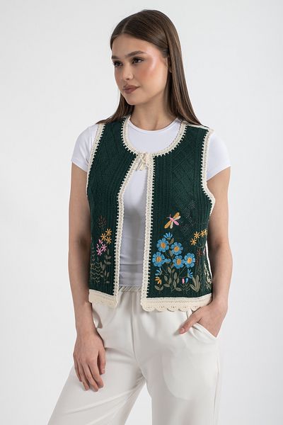 Hatun Atila Hatunatila Women's Floral Patterned Acrylic Drainage Vest Emerald - 5136